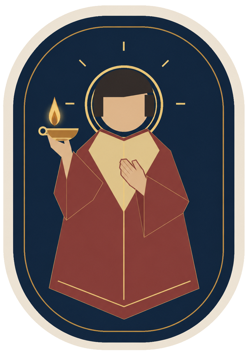Figura in preghiera che regge una lampada accesa, in stile iconografico